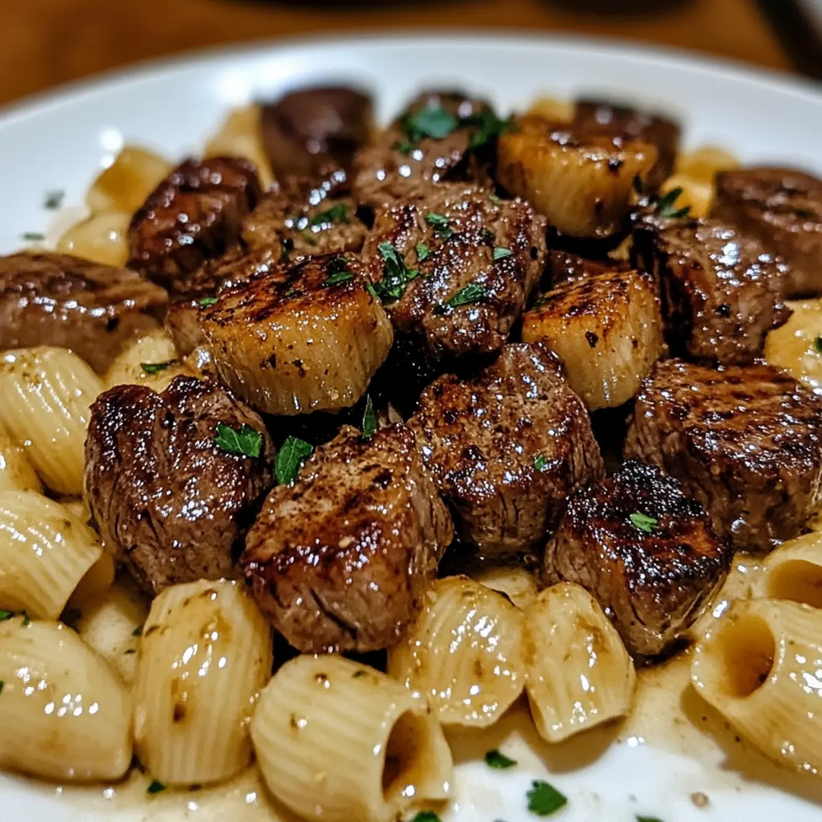 Garlic Butter Steak Bites shell pasta