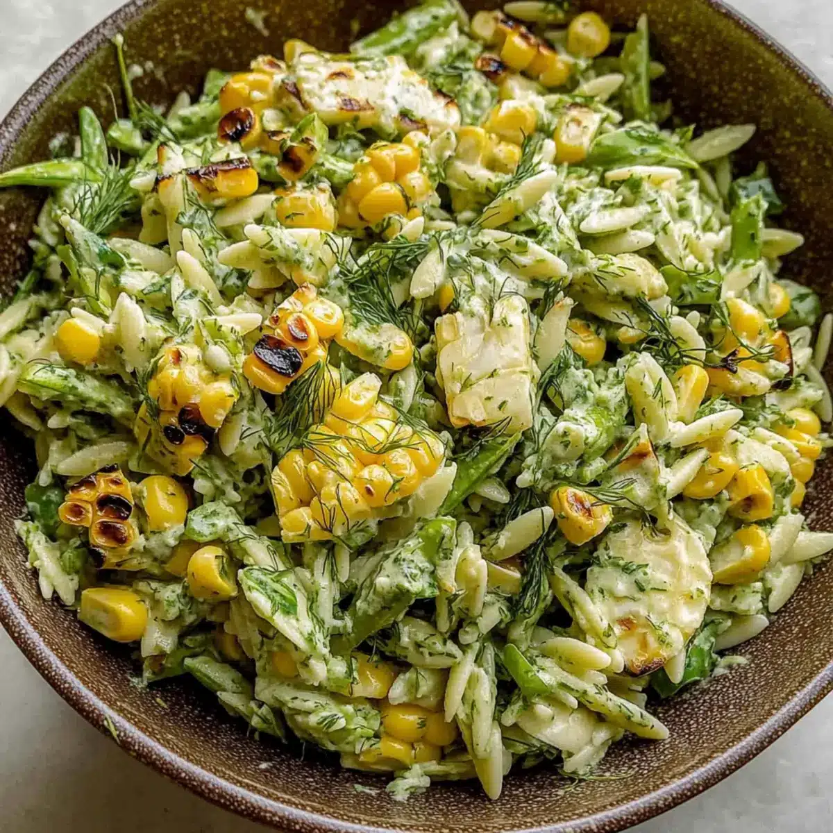 Grilled Corn Orzo Salad with Scallion Dill Dressing