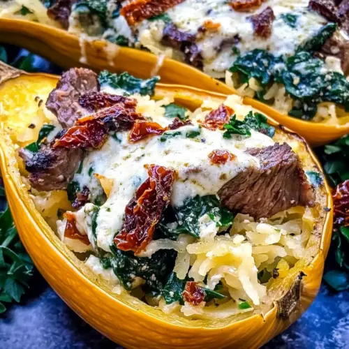 Steak Gorgonzola Alfredo Spaghetti Squash