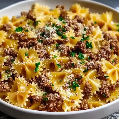 Garlic Butter Bowtie Pasta with Ground Beef