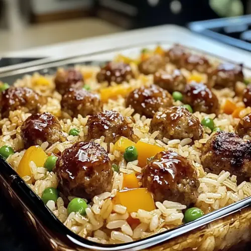 Honey Garlic Meatball Rice Bake