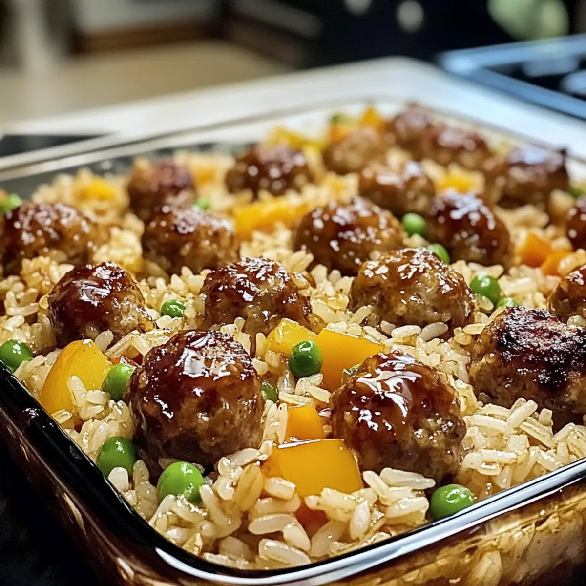 Honey Garlic Meatball Rice Bake