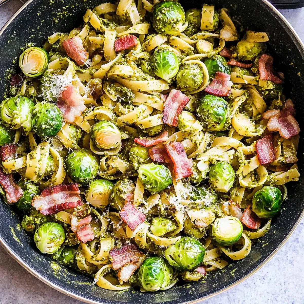 Brussels Sprouts and Bacon Pesto Pasta